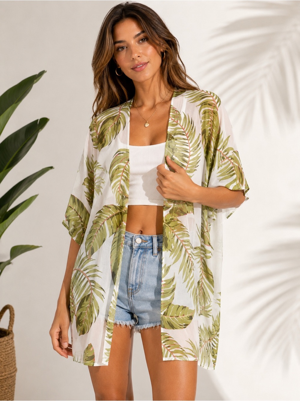 NWT JNNA Tropical Palm Leaf Sheer Kimono Cover Up Size M